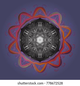 Abstract winter violet, gray and pink ornament. Fine snowflake. Round vector snowflake. Isolated cute snowflakes on colorful background. Vector illustration.