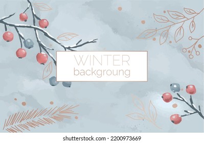 abstract winter watercolor blue background with red berries