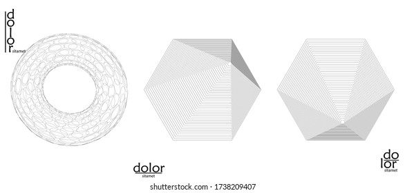 Abstract wire frame vector object set. 3D digital surface. Geometric structure o computer modeling geometric shape. Low poly logo isolated on white. Futuristic art design element.
