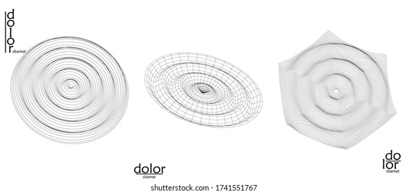 Abstract wire frame vector object set. 3D digital surface. Geometric structure o computer modeling geometric shape. Low poly logo isolated on white. Futuristic art design element.

