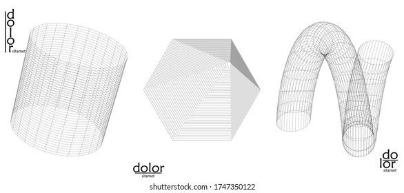 Abstract wire frame vector object set. 3D digital surface. Geometric structure o computer modeling geometric shape. Low poly logo isolated on white. Futuristic art design element.

