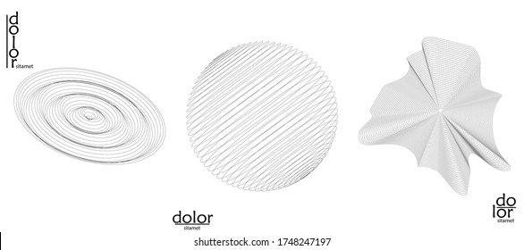 Abstract wire frame vector object set. 3D digital surface. Geometric structure o computer modeling geometric shape. Low poly logo isolated on white. Futuristic art design element.
