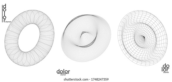 Abstract wire frame vector object set. 3D digital surface. Geometric structure o computer modeling geometric shape. Low poly logo isolated on white. Futuristic art design element.
