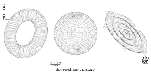 Abstract wire frame vector object set. 3D digital surface. Geometric structure o computer modeling geometric shape. Low poly logo isolated on white. Futuristic art design element.
