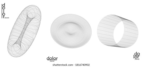 Abstract wire frame vector object set. 3D digital surface. Geometric structure o computer modeling geometric shape. Low poly logo isolated on white. Futuristic art design element.
