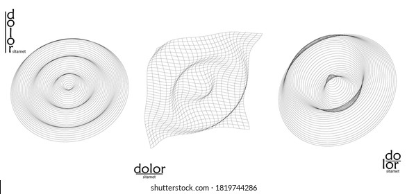 Abstract wire frame vector object set. 3D digital surface. Geometric structure o computer modeling geometric shape. Low poly logo isolated on white. Futuristic art design element.
