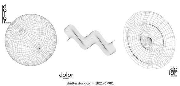 Abstract wire frame vector object set. 3D digital surface. Geometric structure o computer modeling geometric shape. Low poly logo isolated on white. Futuristic art design element.
