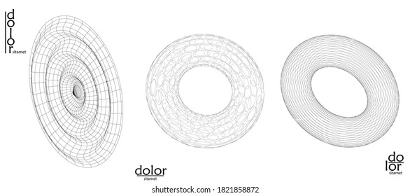 Abstract wire frame vector object set. 3D digital surface. Geometric structure o computer modeling geometric shape. Low poly logo isolated on white. Futuristic art design element.
