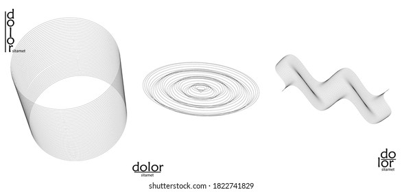 Abstract wire frame vector object set. 3D digital surface. Geometric structure o computer modeling geometric shape. Low poly logo isolated on white. Futuristic art design element.
