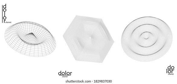 Abstract wire frame vector object set. 3D digital surface. Geometric structure o computer modeling geometric shape. Low poly logo isolated on white. Futuristic art design element.
