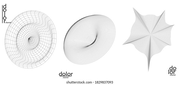 Abstract wire frame vector object set. 3D digital surface. Geometric structure o computer modeling geometric shape. Low poly logo isolated on white. Futuristic art design element.
