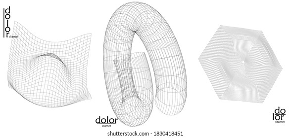 Abstract wire frame vector object set. 3D digital surface. Geometric structure o computer modeling geometric shape. Low poly logo isolated on white. Futuristic art design element.
