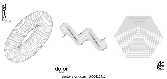 Abstract wire frame vector object set. 3D digital surface. Geometric structure o computer modeling geometric shape. Low poly logo isolated on white. Futuristic art design element.
