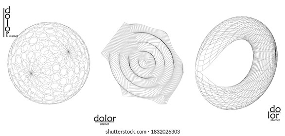 Abstract wire frame vector object set. 3D digital surface. Geometric structure o computer modeling geometric shape. Low poly logo isolated on white. Futuristic art design element.
