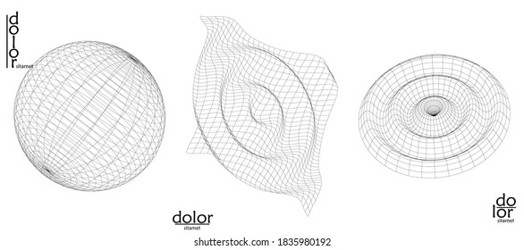 Abstract wire frame vector object set. 3D digital surface. Geometric structure o computer modeling geometric shape. Low poly logo isolated on white. Futuristic art design element.
