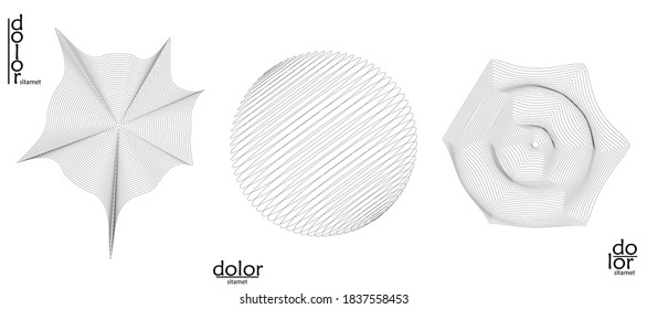 Abstract wire frame vector object set. 3D digital surface. Geometric structure o computer modeling geometric shape. Low poly logo isolated on white. Futuristic art design element.
