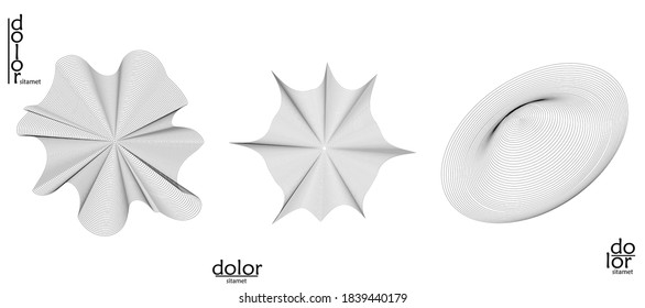 Abstract wire frame vector object set. 3D digital surface. Geometric structure o computer modeling geometric shape. Low poly logo isolated on white. Futuristic art design element.
