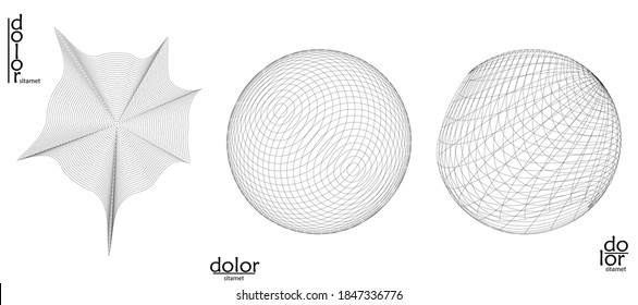 Abstract wire frame vector object set. 3D digital surface. Geometric structure o computer modeling geometric shape. Low poly logo isolated on white. Futuristic art design element.
