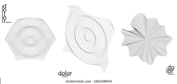 Abstract wire frame vector object set. 3D digital surface. Geometric structure o computer modeling geometric shape. Low poly logo isolated on white. Futuristic art design element.
