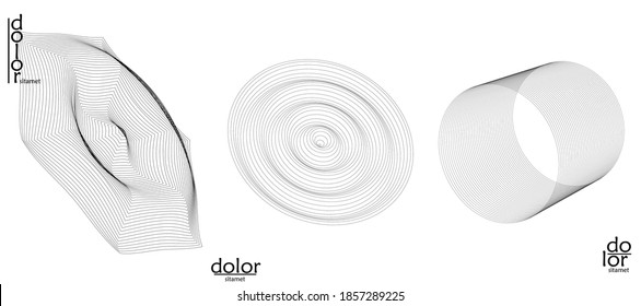 Abstract wire frame vector object set. 3D digital surface. Geometric structure o computer modeling geometric shape. Low poly logo isolated on white. Futuristic art design element.
