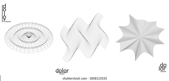 Abstract wire frame vector object set. 3D digital surface. Geometric structure o computer modeling geometric shape. Low poly logo isolated on white. Futuristic art design element.
