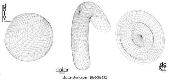 Abstract wire frame vector object set. 3D digital surface. Geometric structure o computer modeling geometric shape. Low poly logo isolated on white. Futuristic art design element.
