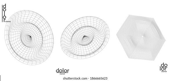 Conjunto de objetos vectoriales de marco de cable abstracto. Superficie digital 3D. Estructura geométrica de la forma geométrica de modelado computarizado. Logo de polos bajos aislado en blanco. Elemento de diseño de arte futurista.
