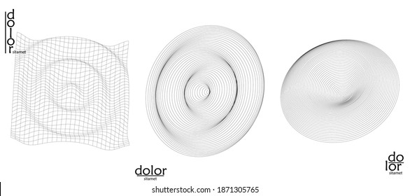 Abstract wire frame vector object set. 3D digital surface. Geometric structure o computer modeling geometric shape. Low poly logo isolated on white. Futuristic art design element.
