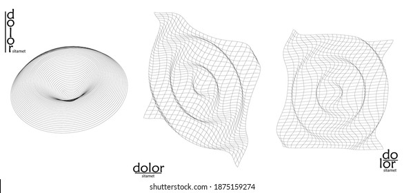 Abstract wire frame vector object set. 3D digital surface. Geometric structure o computer modeling geometric shape. Low poly logo isolated on white. Futuristic art design element.
