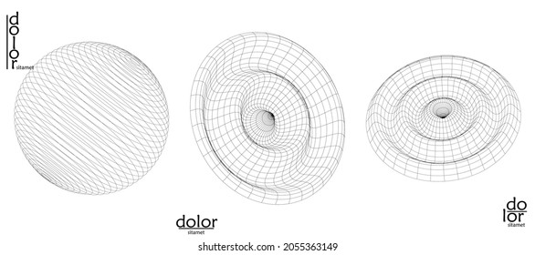 Abstract wire frame vector object set. 3D digital surface. Geometric structure o computer modeling geometric shape. Low poly logo isolated on white. Futuristic art design element.
