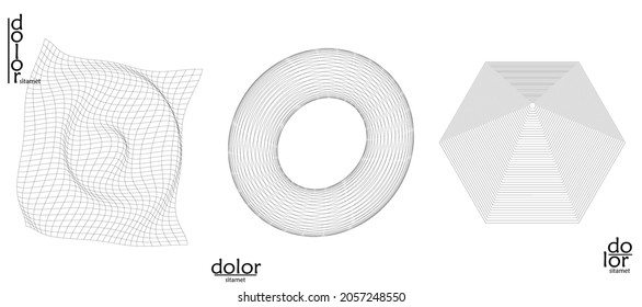 Abstract wire frame vector object set. 3D digital surface. Geometric structure o computer modeling geometric shape. Low poly logo isolated on white. Futuristic art design element.
