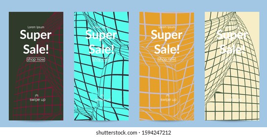 Abstract wire frame with visual distortion effect. Optical art. Warped 3D space. Futuristic vector illustration with grid on flat colored background. Minimal modern design for marketing technology.