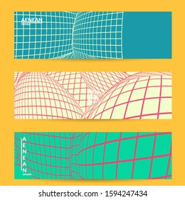 Abstract wire frame with visual distortion effect. Optical art. Warped 3D space. Futuristic vector illustration with grid on flat colored background. Minimal modern design for marketing technology.