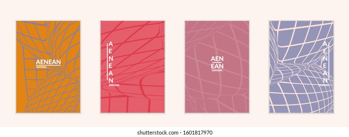 Abstract wire frame with visual distortion effect. Optical art. Warped 3D space. Futuristic vector illustration with grid on flat colored background. Minimal modern design for marketing technology.