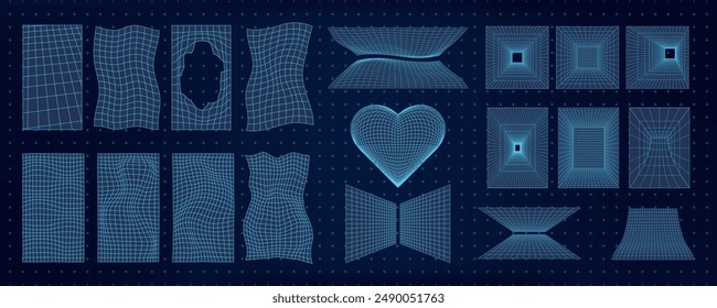 Abstract wireframe 3D shapes including mesh grids, hearts, and tunnels. Y2k retro geometric design elements with a tech and cyberpunk style. Futuristic grid patterns and surreal forms.