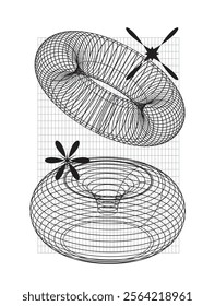 Abstract wireframe 3D torus shapes with grid patterns and decorative elements. Perfect for modern art, graphic design, technology visuals, and digital projects