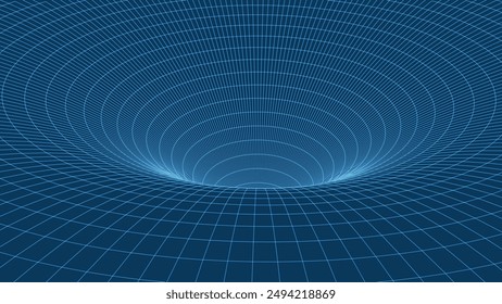 Abstract wireframe 3D tunnel. Perspective mesh background texture. Mesh model of a wormhole, vortex. 3D vector texture of a wormhole portal with a mesh structure.