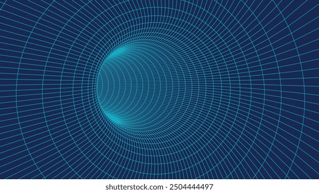 Abstract wireframe 3D tunnel. Perspective mesh background texture. Mesh model of a wormhole, vortex. 3D vector texture of a wormhole portal with a mesh structure.