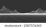 Abstract wireframe background. 3D grid technology, vector illustration landscape. White on black colors. Digital Terrain Cyberspace in Mountains with valleys. Data Array. Isolated object.