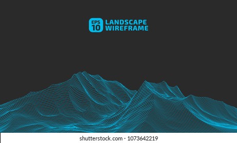 Abstract wireframe background. 3D grid technology illustration landscape. Digital Terrain Cyberspace in the Mountains with valleys. Data Array. | EPS10 Vector.