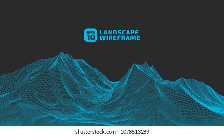 Abstract wireframe background. 3D grid technology illustration landscape. Digital Terrain Cyberspace in the Mountains with valleys. Data Array. | EPS10 Vector.