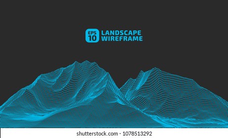 Abstract wireframe background. 3D grid technology illustration landscape. Digital Terrain Cyberspace in the Mountains with valleys. Data Array. | EPS10 Vector.