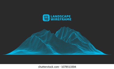 Abstract wireframe background. 3D grid technology illustration landscape. Digital Terrain Cyberspace in the Mountains with valleys. Data Array. | EPS10 Vector.