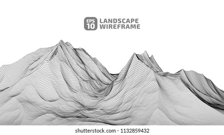 Abstract wireframe background. 3D grid technology illustration landscape. Digital Terrain Cyberspace in the Mountains with valleys. Data Array. | EPS10 Vector.