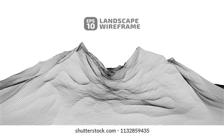 Abstract wireframe background. 3D grid technology illustration landscape. Digital Terrain Cyberspace in the Mountains with valleys. Data Array. | EPS10 Vector.