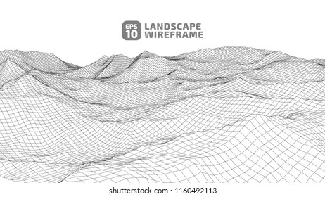 Abstract wireframe background. 3D grid technology illustration landscape. Digital Terrain Cyberspace in the Mountains with valleys. Data Array. | EPS10 Vector.