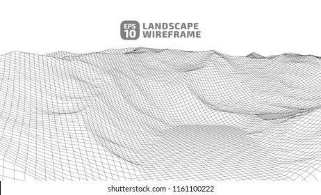 Abstract wireframe background. 3D grid technology illustration landscape. Digital Cyberspace in the Mountains with valleys. EPS10 Vector.