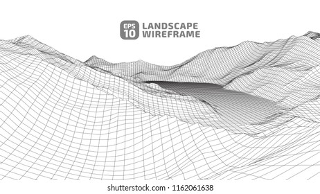 Abstract wireframe background. 3D grid technology illustration landscape. Digital Cyberspace in the Mountains with valleys. EPS10 Vector.