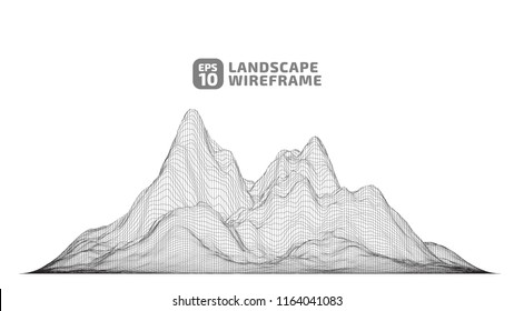 Abstract wireframe background. 3D grid technology illustration landscape. Black mesh on white canvas. Digital Terrain Cyberspace in the Mountains with valleys. Data Array. | EPS10 Vector.