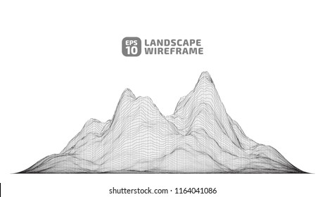 Abstract wireframe background. 3D grid technology illustration landscape. Digital Terrain Cyberspace in the Mountains with valleys. Data Array. | EPS10 Vector.